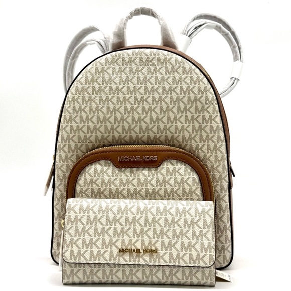 Michael Kors Jaycee Medium Logo Backpack & Matching Trifold Wallet Vanilla/Brown - Picture 1 of 14